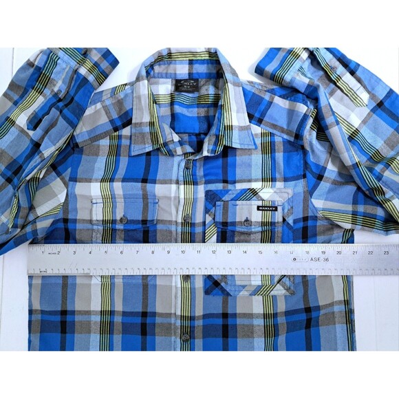 Oakley Men's Small Flannel Shirt Thermogauge Blue Yellow White Check Plaid - Picture 8 of 10